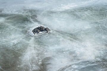 겨울 바위 주변에 얼음이 있는 강 풍경 