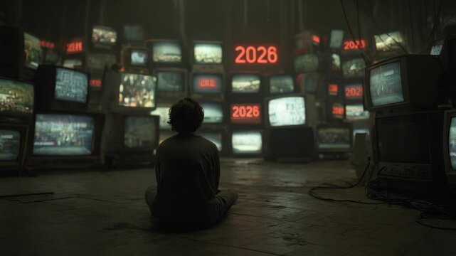 Young person facing an array of vintage monitors with red 2026 displays in a dark room.