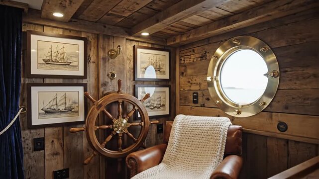 Video tour of a nautical ship cabin with helm and porthole.