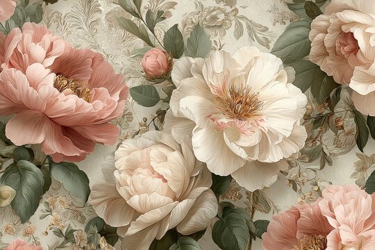 Vintage-style floral pattern with large, soft pink and cream flowers on antique beige background adorned with delicate greenery and subtle paisley designs