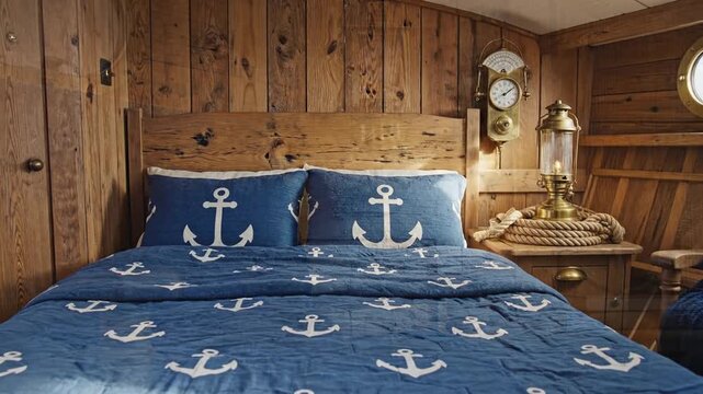 Video tour of a nautical themed bedroom with wooden walls.