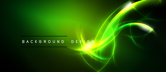 Bright green neon lines flow across dark background. Abstract design evokes energy, movement, futuristic feel. Simple text reads background design.