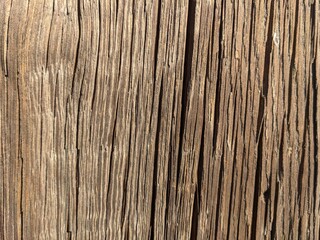 Fototapeta premium Close up of aged wooden plank surface showing deep vertical cracks rough grain and natural brown texture