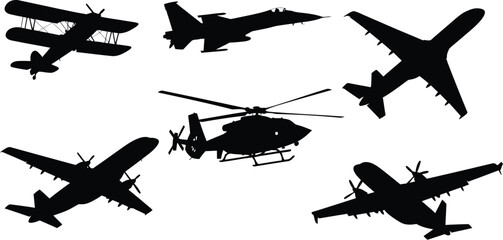 "Aircraft and helicopter silhouette collection, set of black vector outlines featuring biplane, fighter jet, and commercial turboprop airplanes isolated on white." "Active people running silhouettes s © Only