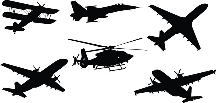 "Aircraft and helicopter silhouette collection, set of black vector outlines featuring biplane, fighter jet, and commercial turboprop airplanes isolated on white." "Active people running silhouettes s