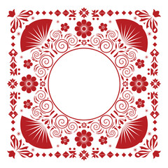 A vibrant red and white floral design with intricate patterns and shapes