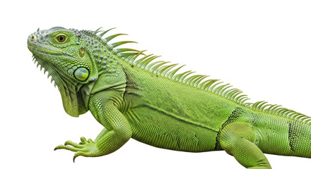 Isolated green iguana, side view profile of reptile with spiky dorsal crest, exotic pet