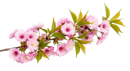 Isolated branch of double cherry blossoms with young leaves, ornamental flowering tree © Cedric