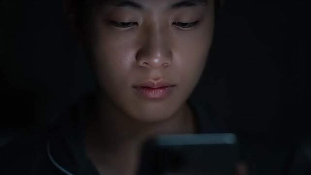 Woman Using Smartphone in Dark Room.