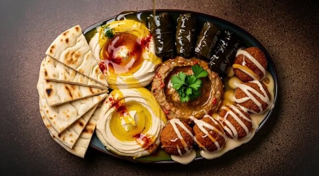 A beautiful plate of Turkish Meze hummus, baba ghanoush, dolma, and falafel, with warm pita bread