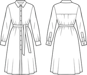 Front and back technical sketch of a long sleeve belted shirt dress fashion illustration Keywords: fashion illustration, garment © Rasel
