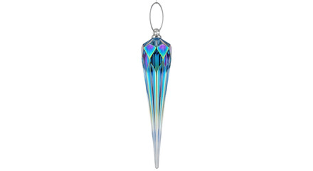 Isolated iridescent Christmas tree icicle ornament with blue tones, holiday decor, home