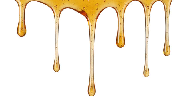Isolated golden honey dripping, viscous liquid syrup, flowing, amber organic texture detail