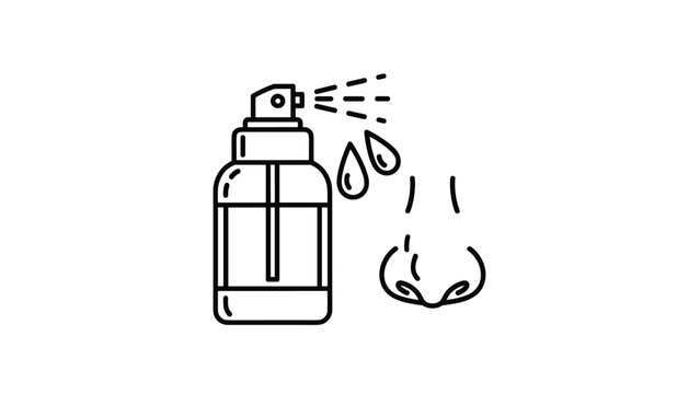 Medical line icon of a nasal spray bottle being used near a human nose for allergy relief and healthcare information illustrations.