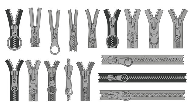 Variety of metal and plastic zippers showing different sliders and teeth arrangements for clothing and accessory design.