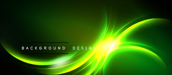 Bright green waves radiate from center. Dark background creates dramatic contrast. Text reads background design. Modern, dynamic visual. © antishock