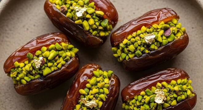 Delicious dates stuffed with vibrant green pistachios and delicate gold leaf, arranged on a plate.