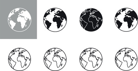 Set of stylized globe icons showing Earth from different perspectives in filled and outline vector styles. © tofajjol studio