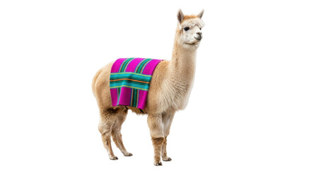 Fototapeta premium Isolated llama with colorful blanket on its back posing on a bright day in natural light