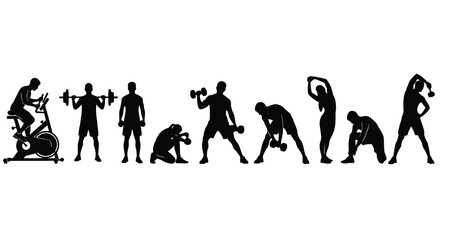 Obraz premium A group of people exercising in various fitness poses in silhouette