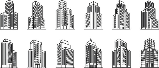 Set of modern line style skyscraper and city building silhouettes for urban architecture and real estate design