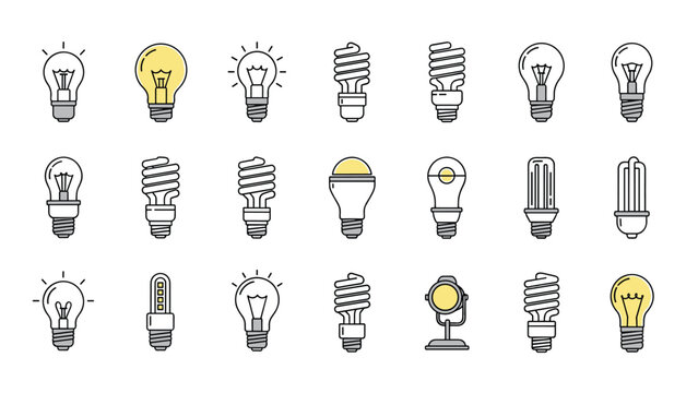 Diverse collection of light bulb types including incandescent, LED, and fluorescent bulbs illustrates energy and innovation.