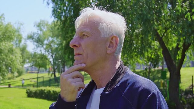 thoughtful elderly man plans and thinks in the park, gray-haired pensioner makes decision and choice outdoors