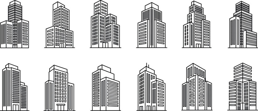 Set of modern line style skyscraper and city building silhouettes for urban architecture and real estate design