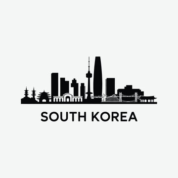 Silhouette of a south korean cityscape with text labeling the country