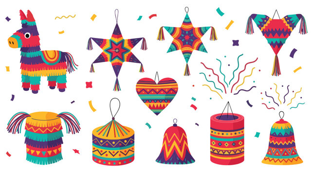 Vibrant collection of traditional Mexican pinatas in various shapes like donkey, stars, and hearts for festive parties.