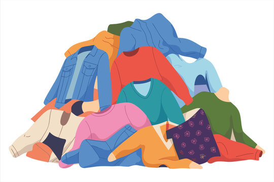 Pile of colorful folded and unfolded clothes on a white background Keywords: pile, clothes, clothing, laundry, heap, stack