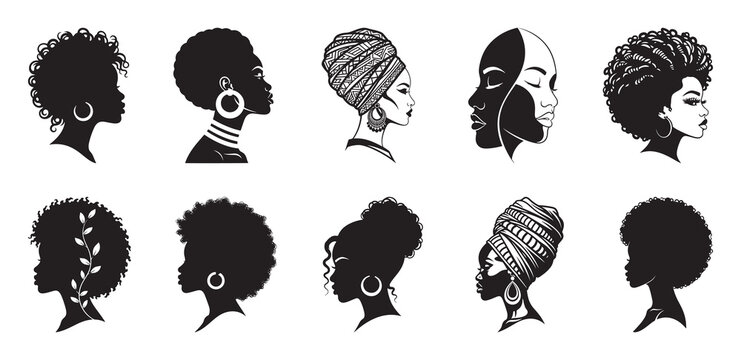 African American Woman Silhouettes with Natural Hair Afro and Headwrap Vector