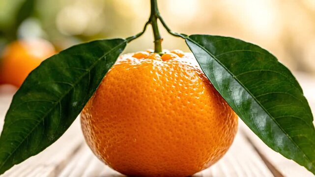 Close up fresh mandarin orange with vibrant green leaves