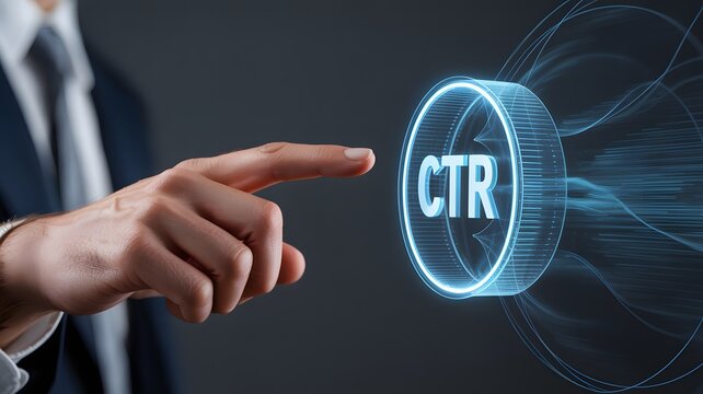 Businessman's finger activates glowing blue CTR button on digital interface click through rate