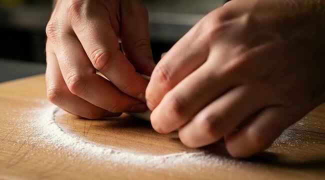 A chef's hands delicately folding filo dough for spinach fatayer. Flour dusted on a wooden board, fresh spinach filling visible