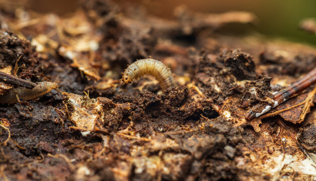 Macro photo of larvae soldier fly, stratiomyidea in tree trunk. Animal background