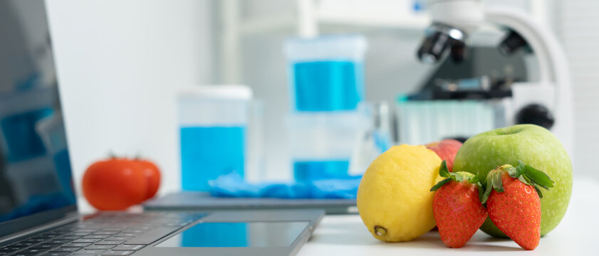 Scientist check chemical food residues in laboratory. Control experts inspect quality of fruits, vegetables. lab, hazards, ROHs, find prohibited substances, contaminate, Microscope, Microbiologist