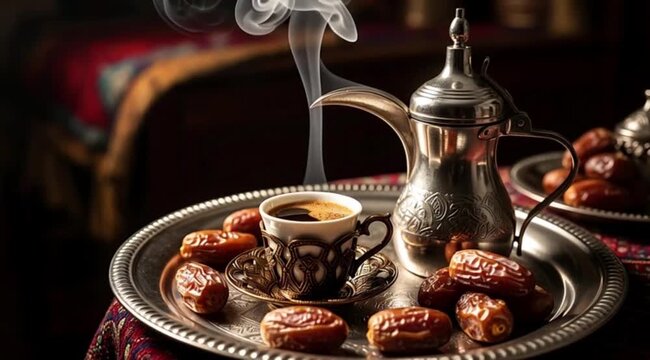 A cinematic still of a small, ornate cup of strong Arabic coffee, a coffee pot (Dallah) beside it on a silver tray with dates