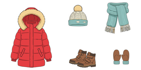 Winter clothing set including a red parka hat scarf boots and mittens Keywords: clothing, apparel, fashion, garments, outfit © Rasel