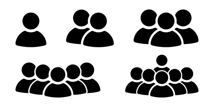 Group of people icons showing single person and teams, diverse group sizes, flat design vector illustration
