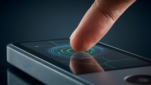 Finger touching a biometric fingerprint scanner on a device image photo