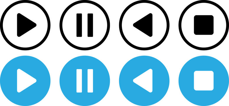 Modern media control button icons set in black and blue