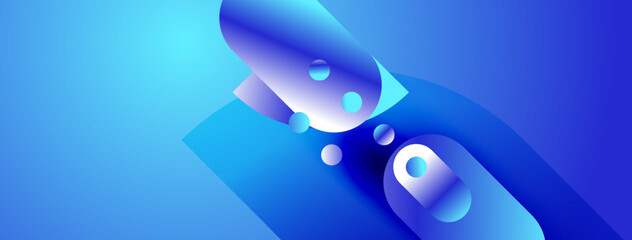 Abstract blue shapes overlap, creating dynamic composition. Gradient hues suggest depth, light interplay. Modern design element.