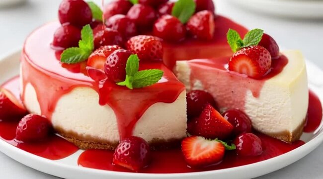 A classic New York-style cheesecake with a graham cracker crust and a perfect strawberry compote topping on a sliceA classic New York-style cheesecake with a graham cracker crust and a perfect strawbe