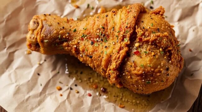 A close-up of a crispy, golden-fried chicken drumstick, with herbs and spices visible in the crust, on a piece of butcher paperA close-up of a crispy, golden-fried chicken drumstick, with herbs and sp