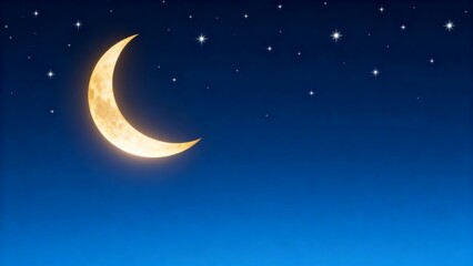 Naklejka premium Crescent moon shining bright in dark blue night sky with many sparkling stars and cosmic atmosphere
