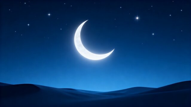 Crescent moon rising over dark desert sand dunes under starry night sky in peaceful landscape scene