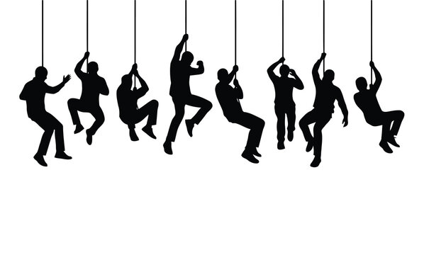 A group of people in silhouette climbing up ropes in a dramatic pose
