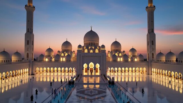 Stunning view of the Grand Mosque at sunset with illuminated domes and reflection in the courtyard.