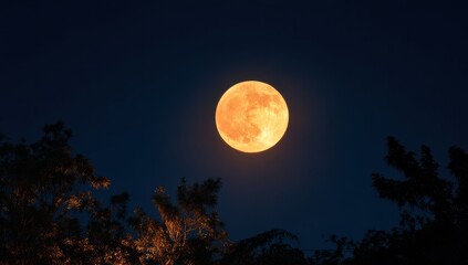 Fototapeta premium Moonlit Serenity: A captivating shot of a vibrant full moon, its warm glow illuminating the tranquil night sky, framed by the silhouettes of tree branches.